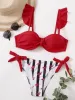 Set costume da bagno a fascia da donna push up con volant in pizzo a righe costume da bagno femminile con reggiseno a coppa e costume da bagno taglio alto