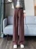 Women's Pants Yitimuceng Solid Women Fashion Office Ladies High Waist Wide Leg Loose Trousers Pleated Full Length Vintage Straight