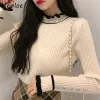 Pulôveres neploe camisa mujer vintage pull femme suporte pescoço fungo borda contraste cor retalhos jumpers manga longa chique botões camisola