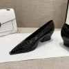 Pumpar 2023 Höst- och vinterlophäle pekade tå V Mouth Women's Single Shoes Black 4cm Women's Shoes Middle Heel Retro Granny Shoes