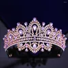 Saç klipsleri lüks frontlet pembe rhinestone gelin tiaras taç barok kristal yarışması balo diadem gelini kafa bantları düğün aksesuarları