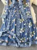 Boho otoño primavera flores vestido bordado mujeres manga larga encaje malla floral azul elegante fiesta de vacaciones señoras midi vestidos 240221