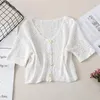 Women's Blouses TingYiLi V-neck Hollow Out Crochet Top Women Summer Button-Front Short Sleeve Knit Shirts Korean Style Ladies White Crop