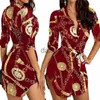 Robes décontractées de base Plus la taille 3XL 4XL Designer Robes de cou à revers Femmes Robe à lacets Boutonnée Chaîne Imprimé Robe de soirée Sexy Bandage Jupe 240304