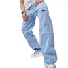 2024 Herr Jeans mode high street baggy män retro tvättade rak denim lastbyxor stora sidofickor hip hop byxor streetwear man