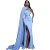 2024 Sexy Evening Dresses Wear Light Sky Blue Crystal Beads Chiffon With Cape Mermaid Prom Gowns One Shoulder Side Split Evening Gowns