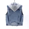 Denim Vest Womens Spring Autumn Clothes Sleeveless Wild Tops Short Hooded Jacket Women Jeans Female 240229