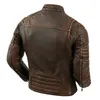 Мужская куртка из натуральной кожи с первым слоем из телячьей кожи с воротником-стойкой, мотоциклетная куртка в стиле ретро, коричневая куртка из воловьей кожи, мужская байкерская одежда240304