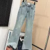 denim jeans damesjeans hoge taille losse wijde pijpen broek mode casual letters gewatteerde uitlopende broek Slanke dunne damesbroek met lange pijpen