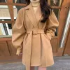 Blends Korean Style Lace Up Woolen Jacket Damen Herbst Winter Retro Tailored Collar Loose Cotton Coat Fashion Solid Mid Length Top