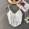 Camis Corset Top Bustier Lace Patchwork Sheer Sexy Crop Tops Spaghetti Strap Backless Camisole With Bulid In Bra French Style Dropship