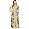Ethnic Clothing 2 Pieces Elegant Floral Printed Guipure Lace Panel Belted Dress Long Abayas For Women Muslim Sets Dubai Kaftan Arab Gown