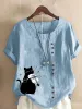 Bluse Elegante Gitarre Musik Katze Druck Baumwolle Leinen Hemd Sommer Frauen Casual Kurzarm ONeck Knopf Blume Pullover Mode straße