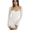 Casual Dresses Women flare långärmad rosa klänning Fashion Square Collar Bandage Robes Sexig Cut Out Party Club Vestidos