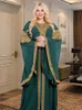 Festklänningar för kvinnor Abaya Muslim Caftan 2 Piece Set Eid Flare ärmar Mantel broderad guld spetsklänning kostym jalabiya ramadan 240229