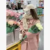 Miscele Trench in lana rosa stile preppy per donna Moda Bottone in corno Manica lunga Colletto rovesciato Tasca Addensare Cappotto caldo Capispalla