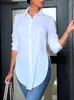 Kvinnors blusar vonda kvinnor vita skjortor 2024 sommarknappar långärmad asymmetrisk casual lös tunika toppar fast färg elegant blusa