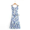 Basic Casual Jurken Zomerjurken Dames 2020 Blauw Wit Bloemenprint Jurk Vrouw Sexy Strap Tie Chiffon Elegante Ruche Midi jurk X0521 240304