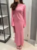 女性のための刺すサテンのファッションスリムマキシ長袖ハイウエストエレガントなソリッドパーティーカジュアルレディース秋のドレス