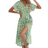 Casual Dresses Women's 2024 Floral Summer Dress V Neck Short Sleeve Belted Ruffle Hem A Line Bohemian Maxi