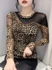 Women's T Shirts Spring Autumn TShirts Slim Fit Round Collar Printed Leopard Patched Mesh Long Sleeve T-shirt Women Trendy Tops