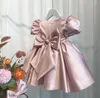 Jewel Satin Knee-length Short Sleeve Flower Girls' Dress Princess Wedding Party Christmas Dresses Girls' First Birthday Dresses