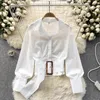 Women's Blouses Ladies Spring Korean Lantern Long Sleeve Belt Short Shirt Autumn Single Breasted Fold Tunic Slim Black White Blouse Tops