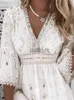 Grundläggande avslappnade klänningar Casual Dresses White Lace Dress Women V Neck Up Patchwork Three Quarter Sleeve Vacation Beach Ladies A-Line Party 240304