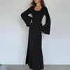 Casual Dresses Solid Color A-line Dress Elegant U Neck Long Sleeve Maxi With Slim Fit Design Lace Up Back Strap For Women