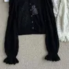 Женский трикотажный 2-цветный вязаный топ с фонариком и длинными рукавами, модный облегающий низ рубашки с пуговицами и цветком, свитер, осень 2024, кардиган
