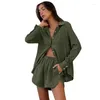 Women's Tracksuits Pajamas Cotton 2-Piece Sets Casual Green Color Long Sleeve Button Up Shirt Shorts Tracksuit Outfits Sleepwear