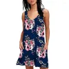 Casual Dresses Women Summer Sleeveless Midi Print Tank Vest With Pockets Floral Skirts Loose Fit Short Flowy Pleated Dress