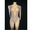 Bühnenkleidung, durchsichtige Overalls, Damen-Perlen-Strass-Gogo-Tänzerin, Showgirl-Kostüm, Rave-Festival-Outfit, Kleidung, Party, Nachtclub, Body