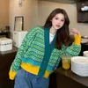 Femmes tricots culture vert col en v pull graphique hiver bouton cardigan court hauts en tricot pour femme chemisier thermique grande mode 2024 chaud