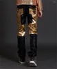 Scene Wear Nightclub Bar Singer Golden Black Male Pants Leather Trouserslead Dance Jazz Performance Costum