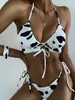 Women's Swimwear Cow Print Two-piece Bikini Sets Beachwear E Lace-up Bra Low Waist Thong Briefs Swimsuit Set Female Bathing Suits