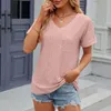 Mulheres Camisetas Mulheres T-shirt Sólida Manga Curta Blusas V Pescoço Plissado Macio Túnica Tops com Bolso Top Mulheres Moda Blusa 2024 Camisa