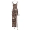 Basic Casual Dresses Designer Runway Dresses Women Gown Sexy Strapless Backless Slit Halter Dress Leopard Print Maxiskit 240304