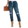 Calças de brim moda angustiado joelho rasgado feminino verão buracos calças soltas cordão cintura elástica bolsos longo lápis jeans calças