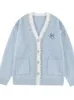 Malhas femininas azul de malha coreano elegante cardigan feminino solto quente outono inverno suéteres feminino manga longa bolsos vintage frança casaco