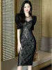 ドレス2023新しいヴィンテージセクシーなエレガントな黒い女性のためのシアーメッシュレース刺繍グリッタースパンコンボディーコンローブフェムフレンチベスティド