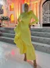 Único assimétrico hem vestidos de baile 2024 amarelo muçulmano formal vestido jóia pescoço manga longa sereia vestidos de festa 326 326