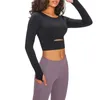 T-shirt da donna Top da allenamento corto da donna Ritaglio con foro per il pollice Imbottito a maniche lunghe Camicia da yoga Palestra Corsa Abbigliamento sportivo Senza cuciture