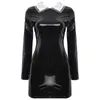 Casual Dresses Womens Glossy Patent Leather Mini Dress Long Sleeve Satin Collar Back Zipper Bodycon Gothic Clubwear Punk Costumes