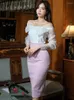 Work Dresses Sweet 2 Pieces Sets For Women Korean Elegant White Sheer Off Shoulder Shirt Tops Pink Bodycon Midi Skirt Outfits Party Street