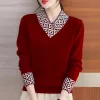 Külot Kore Moda Panelli Örgü Sweaters Allmatch Kadın Giyim Uzun Kollu Vneck Bahar Sonbahar Dip Gevşek Kırıştırma