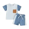 Conjuntos de roupas Carolilly Criança Menino Verão Roupas Contraste Cor Manga Curta T-shirt Com Cintura Elástica Shorts Sólidos 2 Pcs Outfit Bebê