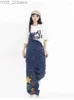 Jeans Jeans Loose Straight Strap Blue Denim Hip Hop Suspender Trousers Streetwear Female Print Jumpsuit 240304