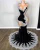 Robes de bal sirène en velours noir avec des appliques en dentelle argentée 2024 luxe en maille transparente haut col rond robe d'anniversaire sexy robe de soirée fille noire