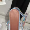 최고 품질의 Amina Muaddi Blue Real Silk Sandals 95mm 크리스탈 장식 스트랩 스풀 힐 힐 로마 신발 여성 여름 샌들 879